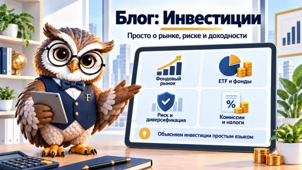 Сова Finansiko показывает разделы блога об инвестициях: фондовый рынок, ETF и фонды, риск и диверсификация, комиссии и налоги