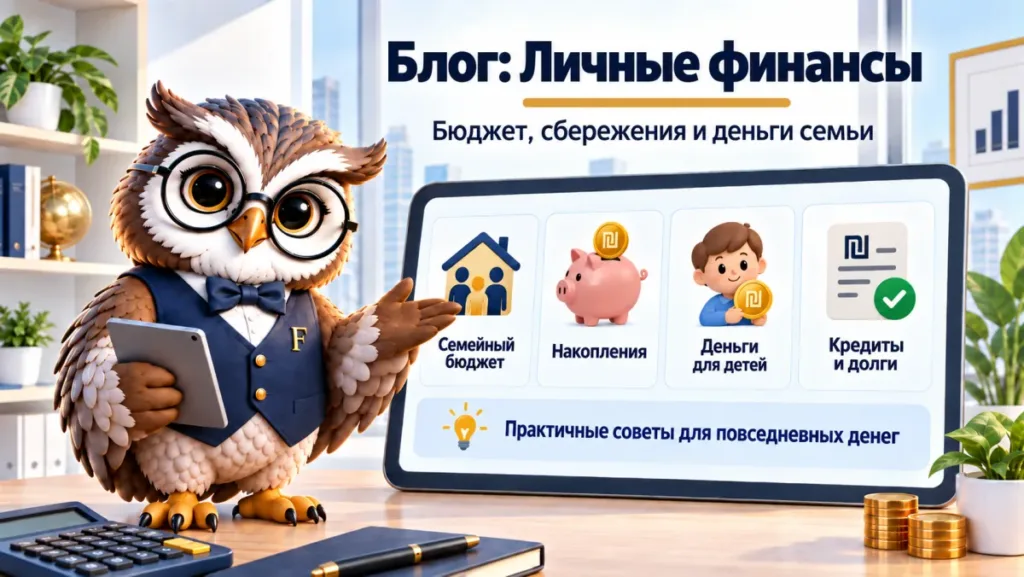 Сова Finansiko показывает разделы блога о личных финансах: семейный бюджет, накопления, деньги для детей, кредиты и долги