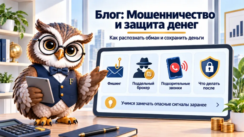 Сова Finansiko показывает разделы блога о мошенничестве: фишинг, поддельный брокер, подозрительные звонки и что делать после