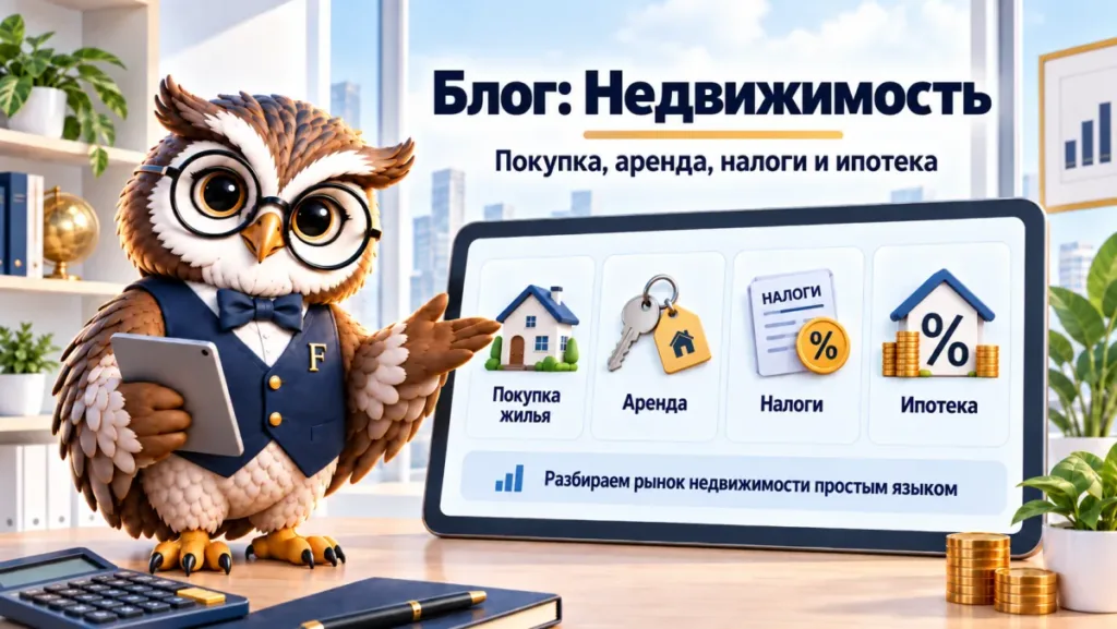 Сова Finansiko показывает разделы блога о недвижимости: покупка жилья, аренда, налоги и ипотека