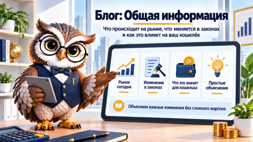 Сова Finansiko показывает разделы блога с общей информацией: рынок сегодня, изменения в законах и что это значит для кошелька