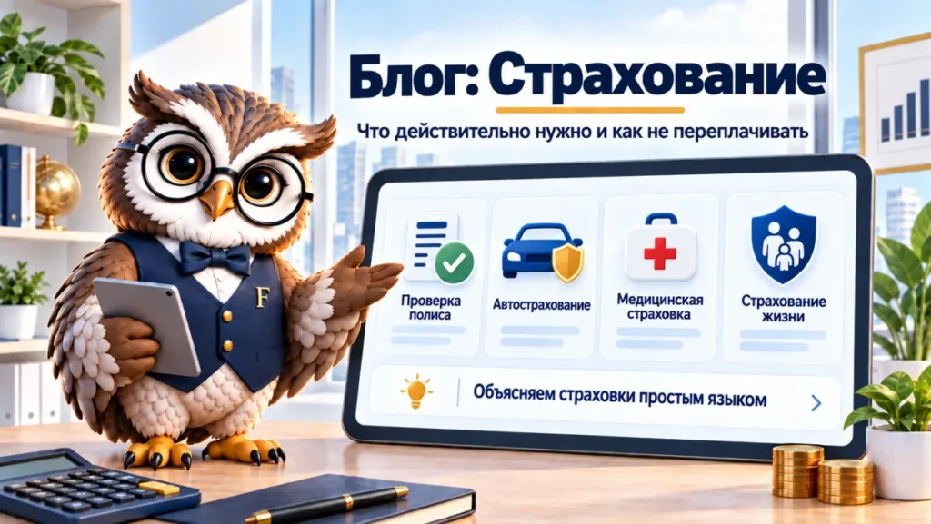 Сова Finansiko показывает разделы блога о страховании: проверка полиса, автострахование, медицинская страховка и страхование жизни