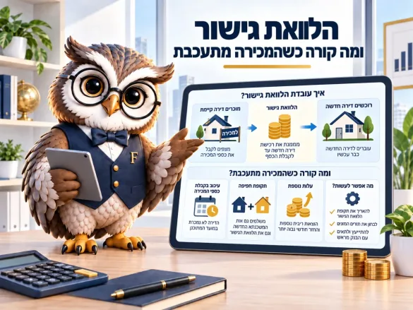 תרשים הלוואת גישור: מוכרים דירה קיימת, הגישור מממן את הרכישה החדשה, ולצידו מה קורה כשהמכירה מתעכבת