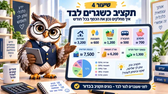 ינשוף פיננסיקו ליד לוח שיעור 4: תקציב כשגרים לבד, חלוקת 6,200 ₪ הוצאות מתוך הכנסה של 7,500 ₪ ודיאגרמת אחוזים