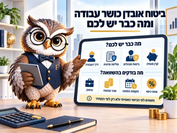 ינשוף פיננסיקו מציג מה כבר יש לכם בכיסוי אובדן כושר עבודה — קרן פנסיה, ביטוח מנהלים, פוליסה פרטית וביטוח דרך העבודה — ומה בודקים בהשוואה: אחוז כיסוי, תקופת המתנה, שכר מבוטח ועיסוק