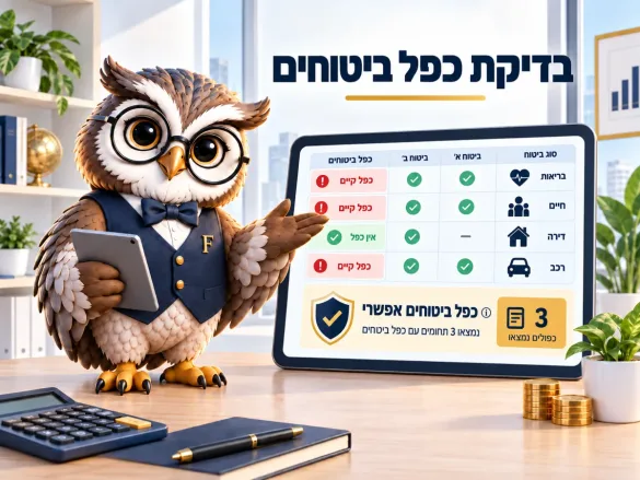 ינשוף פיננסיקו מציג טבלת כפל ביטוחים לפי סוג — בריאות, חיים, דירה ורכב — עם סימון היכן קיים כיסוי בשתי פוליסות: שלושה תחומים בכפל ואחד ללא
