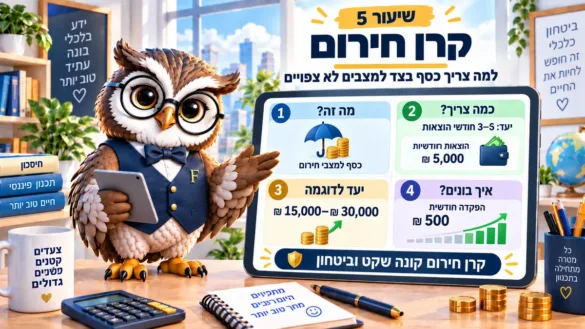 ינשוף פיננסיקו ליד לוח שיעור 5: קרן חירום, מה זה, כמה צריך, יעד לדוגמה והפקדה חודשית של 500 ₪