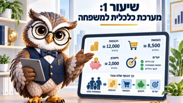 ינשוף פיננסיקו ליד לוח שיעור 1: מערכת כלכלית למשפחה, הכנסות, הוצאות, חיסכון ויעדים ותרשים זרימה של הכסף