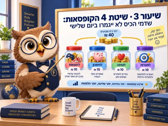 ינשוף פיננסיקו מחלק דמי כיס של 40 שקלים לארבע קופסאות: הוצאות, חיסכון, נתינה ומטרות
