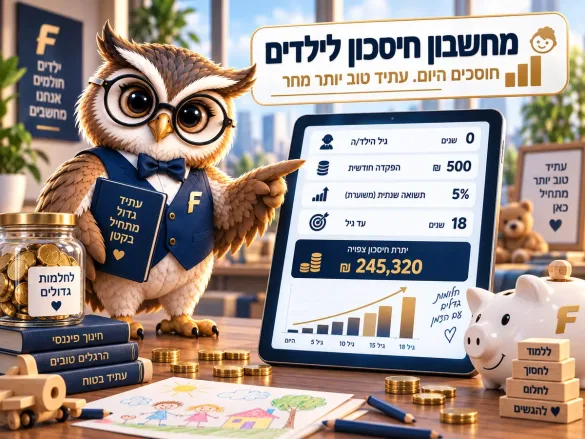 ינשוף פיננסיקו ליד קופת חזיר וצנצנת מטבעות, על המסך חיסכון של ילד עד גיל 18