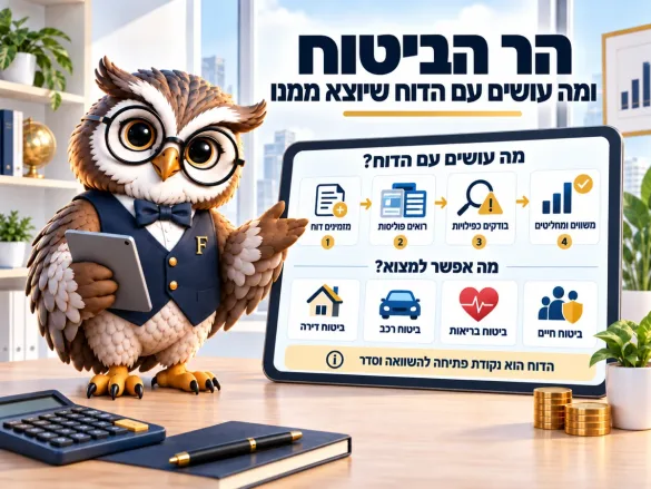 ינשוף פיננסיקו מציג מה עושים עם דוח הר הביטוח — מזמינים דוח, קוראים פוליסות, בודקים כפילויות ומשווים — ומה אפשר למצוא בו: ביטוח דירה, רכב, בריאות וחיים