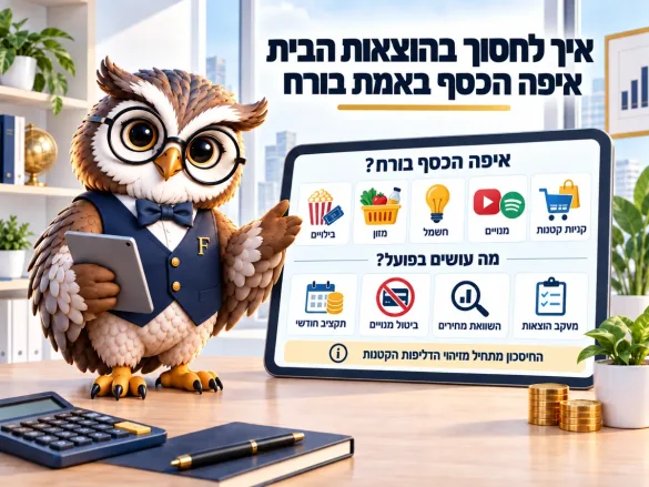 ינשוף פיננסיקו מציג איפה הכסף בורח — קניות קטנות, מנויים, חשמל, מזון ובילויים — ומה עושים בפועל: מעקב הוצאות, השוואת מחירים, ביטול מנויים ותקציב חודשי