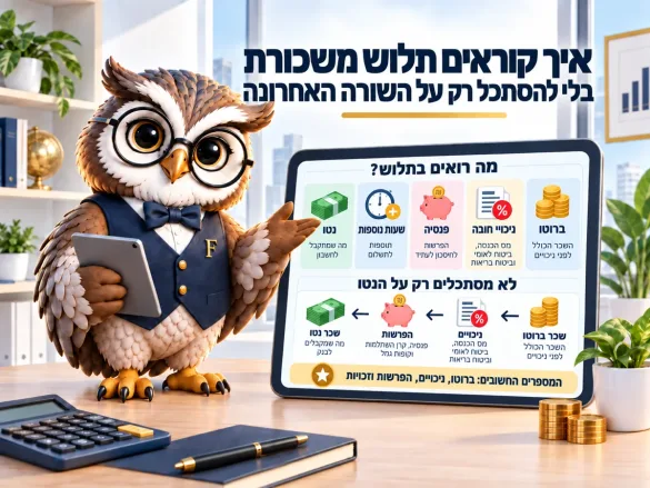 ינשוף פיננסיקו מציג את מרכיבי תלוש המשכורת — ברוטו, ניכויי חובה, פנסיה, שעות נוספות ונטו — ואת השרשרת משכר ברוטו דרך ניכויים והפרשות אל שכר נטו