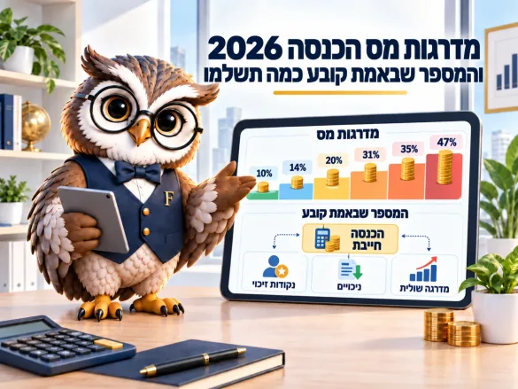 ינשוף פיננסיקו מציג את מדרגות מס ההכנסה 2026 — 10, 14, 20, 31, 35 ו-47 אחוז — ואת ההכנסה החייבת כמספר שקובע, עם נקודות זיכוי, ניכויים ומדרגה שולית