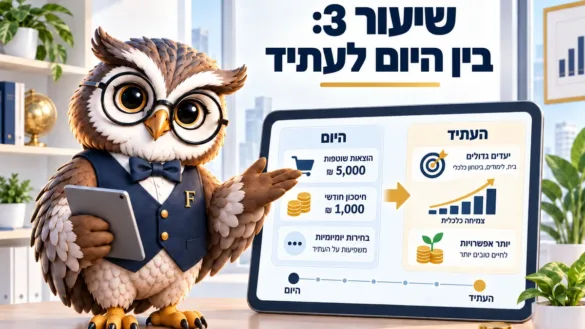 ינשוף פיננסיקו ליד לוח שיעור 3: בין היום לעתיד, הוצאות שוטפות מול חיסכון חודשי וציר זמן מהיום לעתיד