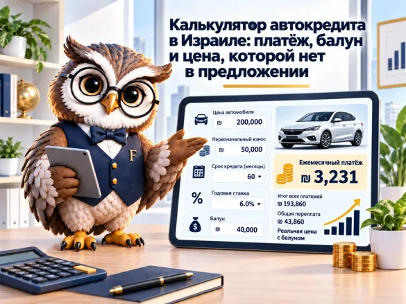 Сова Finansiko показывает расчёт автокредита: цена машины 200 000 ₪, первый взнос 50 000 ₪, срок 60 месяцев, ставка 6 % и балун 40 000 ₪ — платёж 3231 ₪, итог всех выплат 193 860 ₪ и переплата 43 860 ₪