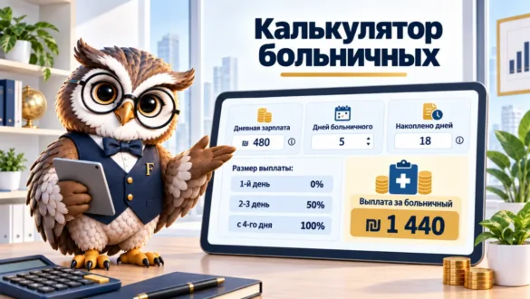 Сова Finansiko показывает расчёт выплаты за больничные дни по ступеням 0, 50 и 100 процентов