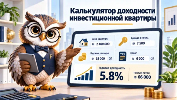 Сова Finansiko показывает расчёт доходности инвестиционной квартиры: цена, аренда, расходы и чистый поток
