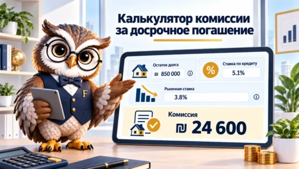Сова Finansiko показывает расчёт комиссии за досрочное погашение ипотеки по остатку долга и ставкам