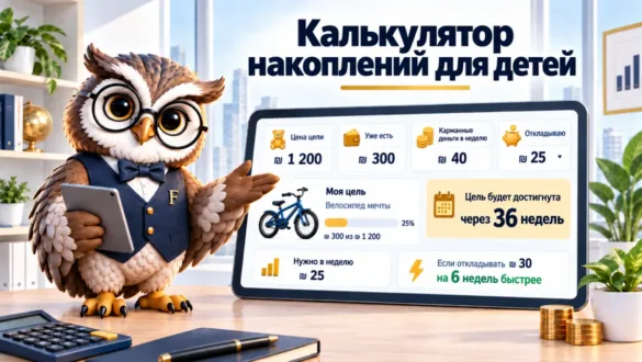 Сова Finansiko показывает ребёнку путь к цели: карманные в неделю, накопленное и число недель до цели