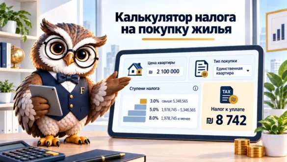 Сова Finansiko показывает ступени налога на покупку жилья и итоговую сумму к уплате