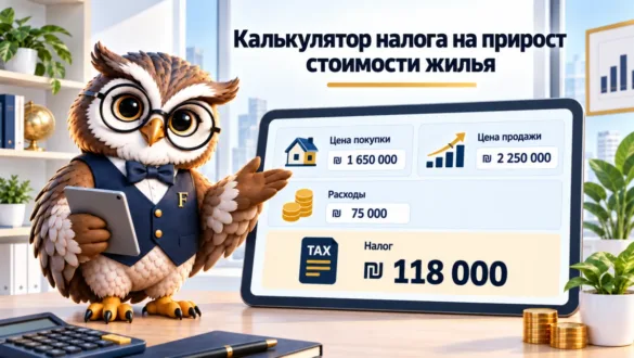 Сова Finansiko показывает расчёт налога на прирост стоимости жилья: цена покупки, цена продажи и расходы