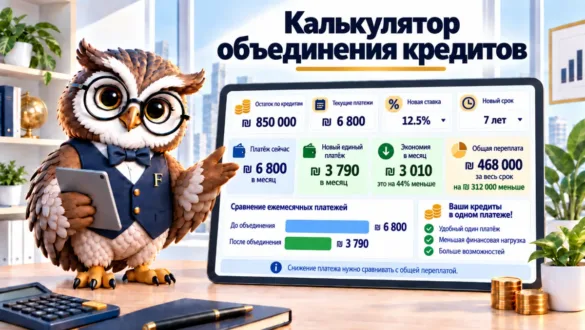 Сова Finansiko сравнивает платёж по нескольким кредитам и единый платёж после объединения, а рядом — общая переплата за весь срок