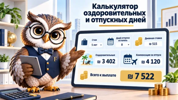 Сова Finansiko показывает расчёт оздоровительных выплат и компенсации за отпускные дни