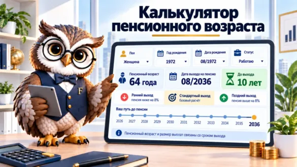 Сова Finansiko показывает пенсионный возраст по полу и году рождения и дату выхода на пенсию на шкале лет
