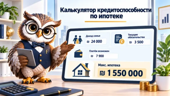 Сова Finansiko показывает максимальную ипотеку по доходу семьи, текущим обязательствам и возможному платежу