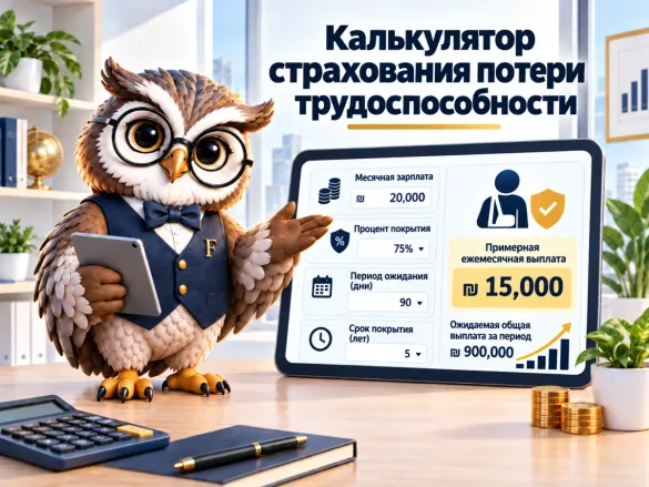 Сова Finansiko показывает расчёт выплаты при потере трудоспособности: зарплата 20 000 ₪, покрытие 75 %, период ожидания 90 дней и срок 5 лет — 15 000 ₪ в месяц и 900 000 ₪ за период