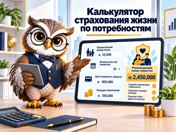 Сова Finansiko показывает расчёт суммы страхования жизни: доход семьи 25 000 ₪ в месяц, 20 лет покрытия, долги 800 000 ₪ и накопления 350 000 ₪ — рекомендуемая сумма 2 450 000 ₪