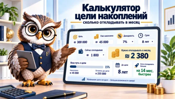 Сова Finansiko показывает, сколько откладывать в месяц до цели, и путь к ней на шкале прогресса