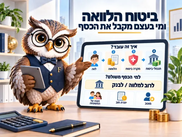 ינשוף פיננסיקו מסביר איך ביטוח הלוואה עובד — לווה, הלוואה, מקרה ביטוח ותגמולי ביטוח — ולמי משולם הכסף: לרוב למלווה או לבנק, ורק היתרה למוטב