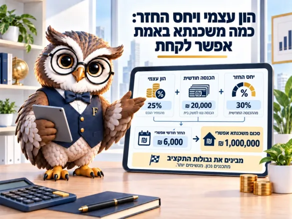 תרשים חישוב: הון עצמי 25%, הכנסה חודשית ויחס החזר 30% נותנים את סכום המשכנתא האפשרי וההחזר החודשי