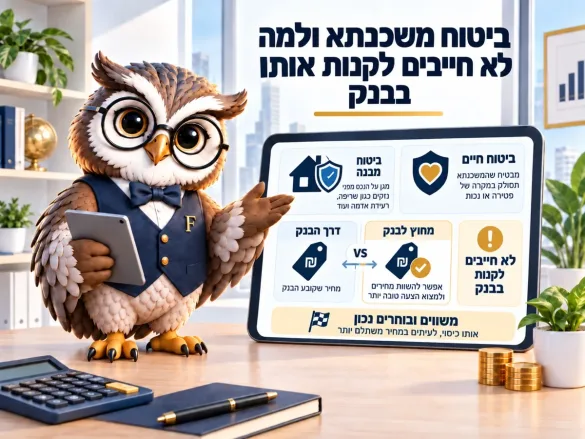 תרשים שני הביטוחים הנדרשים למשכנתא, ביטוח חיים וביטוח מבנה, והשוואה בין רכישה בבנק לרכישה מחוץ לבנק