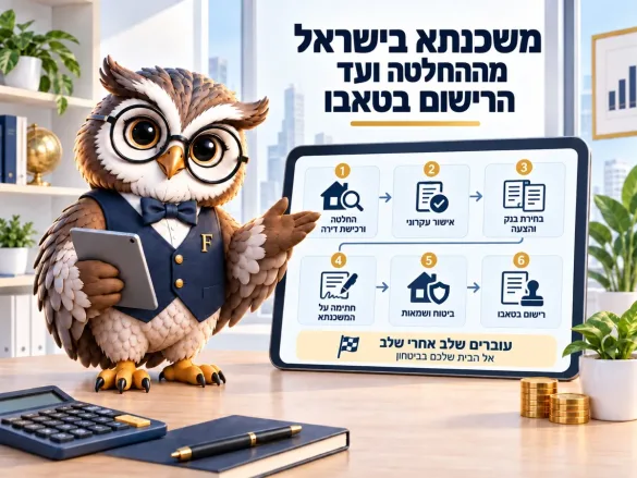 תרשים שלבי לקיחת משכנתא בישראל: החלטה, אישור עקרוני, השוואת הצעות, חתימה, ביטוחים ורישום בטאבו