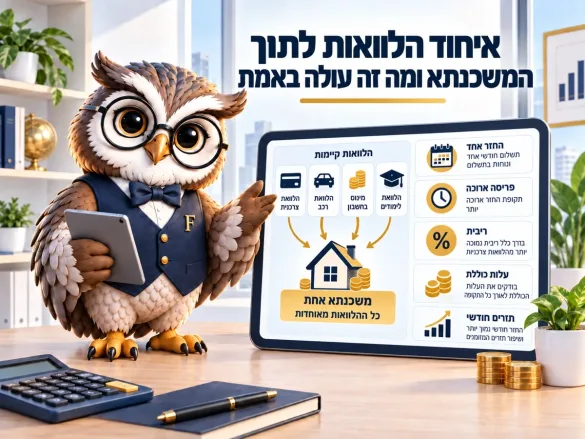 תרשים איחוד הלוואות: הלוואות צרכניות, רכב, מינוס ולימודים מתאחדות למשכנתא אחת, עם החזר, ריבית ועלות כוללת