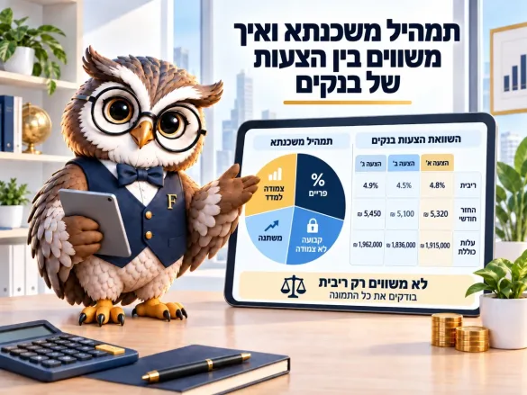 טבלת השוואה בין שלוש הצעות משכנתא לצד תרשים עוגה של תמהיל מסלולים