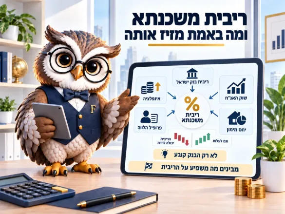 תרשים הגורמים שמשפיעים על ריבית המשכנתא: ריבית בנק ישראל, שוק האג"ח, אינפלציה, יחס מימון ופרופיל הלווה