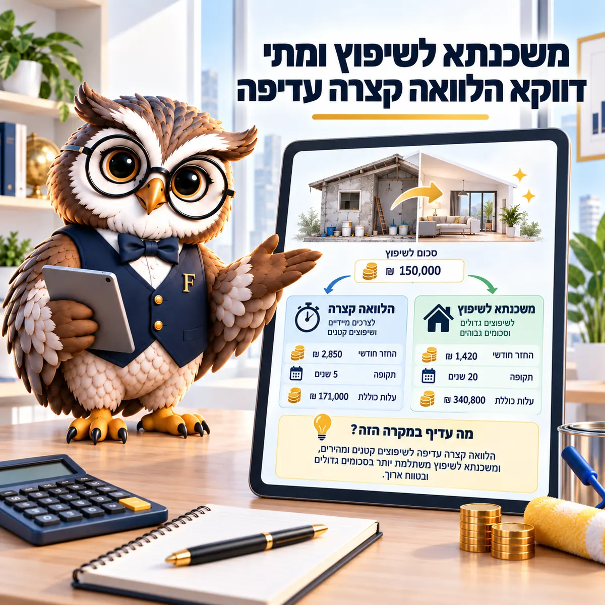 משכנתא לשיפוץ ומתי דווקא הלוואה קצרה עדיפה