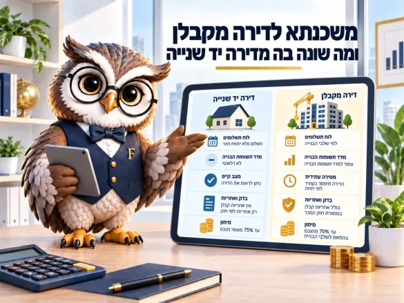 טבלת השוואה בין רכישה מקבלן לרכישת דירה יד שנייה: לוח תשלומים, הצמדה למדד תשומות הבנייה, אחריות ומימון