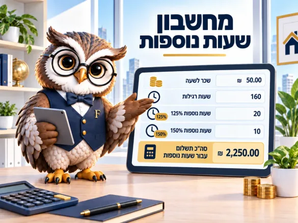 ינשוף פיננסיקו מציג חישוב שעות נוספות: שכר לשעה, שעות רגילות, שעות ב-125 ו-150 אחוז
