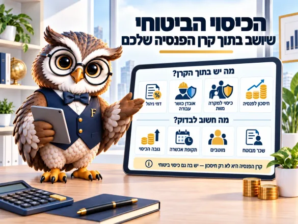 ינשוף פיננסיקו מציג מה יש בתוך קרן הפנסיה — חיסכון לפנסיה, כיסוי למקרה מוות, אובדן כושר עבודה ודמי ניהול — ומה חשוב לבדוק: שכר מבוטח, מוטבים, תקופת אכשרה וגובה הכיסוי