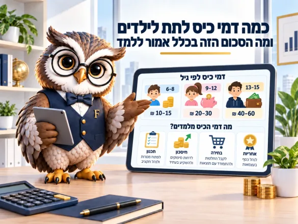 ינשוף פיננסיקו מציג טבלת דמי כיס לפי גיל: 10–15 ₪ לגילאי 6–8, 20–30 ₪ לגילאי 9–12 ו-40–60 ₪ לגילאי 13–15, ולצידה מה דמי הכיס מלמדים — תכנון, חיסכון, בחירה ואחריות