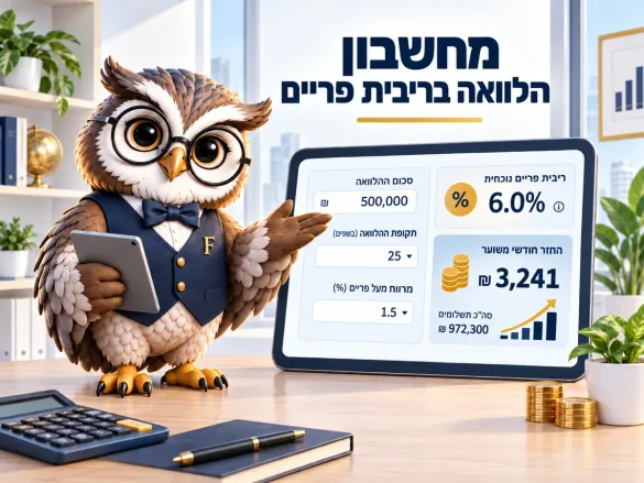 ינשוף פיננסיקו מציג הלוואה בריבית פריים: החזר חודשי מוערך וסך התשלומים