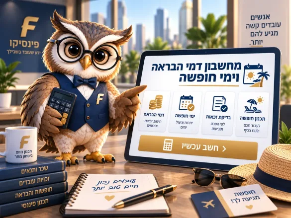 ינשוף פיננסיקו מציג מחשבון דמי הבראה וימי חופשה לצד כובע קש ומשקפי שמש