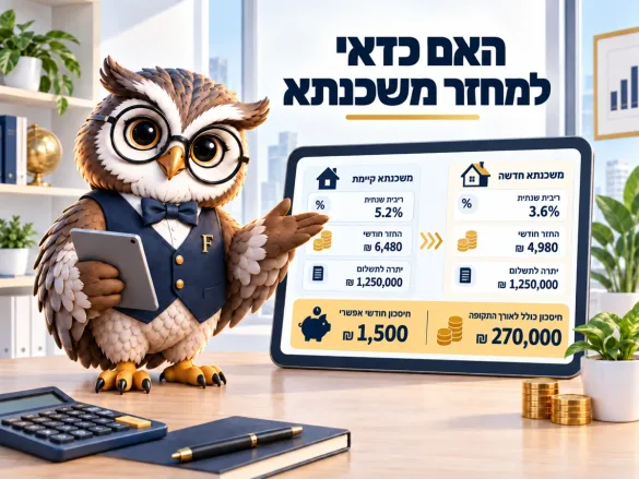 ינשוף פיננסיקו משווה משכנתא קיימת בריבית 5.2% והחזר 6,480 ₪ מול משכנתא חדשה בריבית 3.6% והחזר 4,980 ₪ על יתרה זהה של 1,250,000 ₪ — חיסכון חודשי 1,500 ₪ ו-270,000 ₪ לאורך התקופה