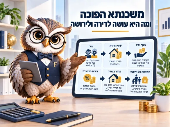 תרשים משכנתא הפוכה: גיל הלווה, שווי הדירה, כסף נזיל, ריבית מצטברת והשפעה על הירושה