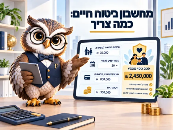 ינשוף פיננסיקו מציג חישוב סכום ביטוח חיים: הכנסה חודשית למשפחה 25,000 ₪, 20 שנות כיסוי, חובות 800,000 ₪ וחיסכון קיים 350,000 ₪ — סכום כיסוי מומלץ 2,450,000 ₪